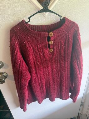 Vintage Eddie Bauer Wine Red Cable-Knit Scoop-Neck Sweater with Buttons